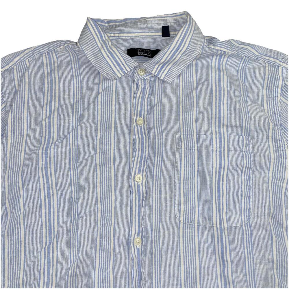 Blue by Saks Fifth Avenue Linen Shirt Striped Men's Button Up Short Sleeve 2XL